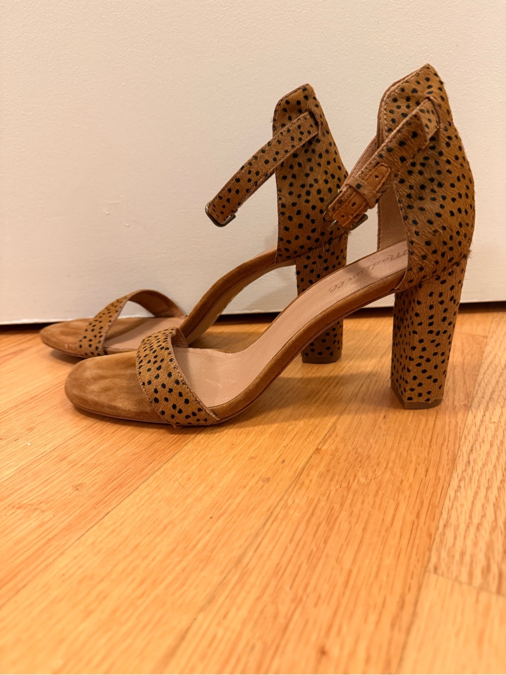 Madewell Brooke Ankle-Strap Sandals in Spot Dot Calf Hair (block heel size 11)